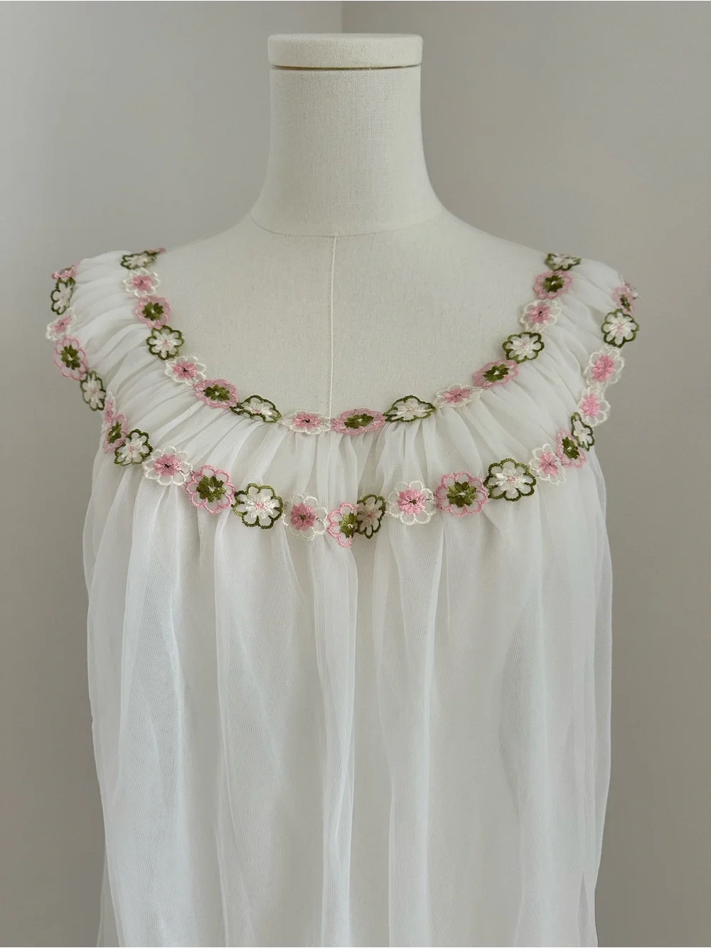 Vintage White Sheer Chiffon Chemise with Pink & Green Floral Trim #081